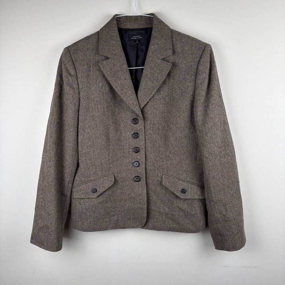 Tahari Suit Blazer Jacket Brown Women Sz 14 Classic Arthur S Levine Herringbone